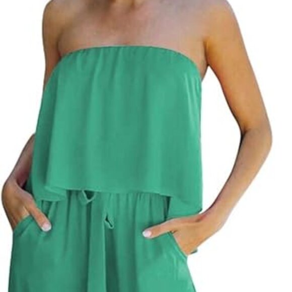 Fixmatti Bandeau Top Wide Leg Jumpsuit Off Shoulder Sleeveless Ruffle Pockets L - Picture 2 of 14